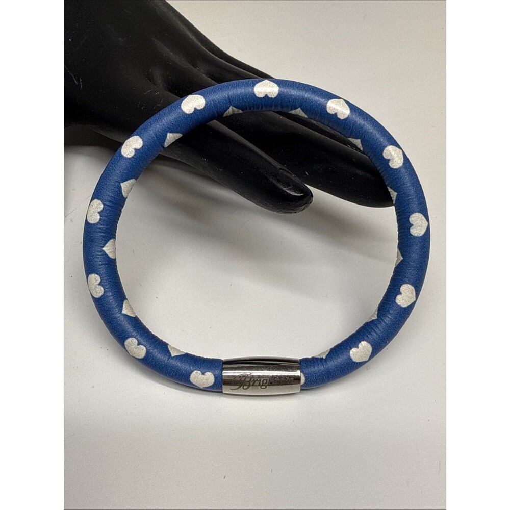 Brighton Woodstock White Heart Blue Leather Bangle Bracelet Retired Print Rare